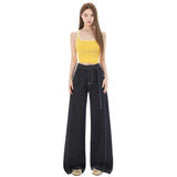 Women's Denim Blue Belted Knife-Edge Jeans High-Waisted Loose Concealing Drape Wide-Leg Pants