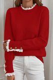 Sleet Lace Trim Patchwork Buttoned Cuffs Loose Sweater