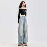 Denim Pants Spring New Washed Distressed Floor-Length Wide Straight Leg Pants for Women