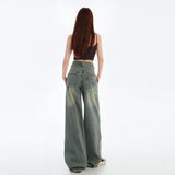 Blue Wide Leg Jeans Deconstructed Design Straight Leg Denim Pants for Women