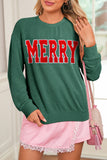 Blackish Green Twisted Rib Merry Letter Graphic Loose Long Sleeve Top