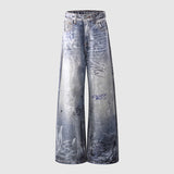 Graffiti Distressed Hand-painted Print Light Blue High Waist Wide Leg Jeans