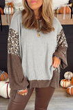 Gray Leopard Patchwork Dolman Sleeve High Low Baggy Sweatshirt