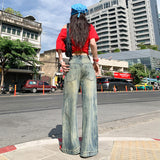 Women's Denim Pants with High Waist Loose Fit Relaxed Flare Wide Leg Trousers