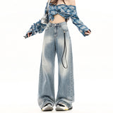 Light Blue Gradient Wide-Leg Jeans Autumn Washed Design Loose Drape Straight Trousers