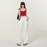 Women's White Denim Pants Summer Casual Thin Slim Floor-Length Straight-Leg Trousers