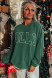 Blackish Green Twisted Rib Merry Letter Graphic Loose Long Sleeve Top