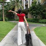 Women's White Casual Pants for Summer Low Waist Flared Denim Trousers