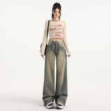 Distressed Stripe Denim Pants Women's Fashion Straight Leg Wide Leg Trousers