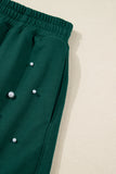 Dark Green Pearl Embellished Drop Shoulder Pullover Elastic Waist Mini Skirt Set