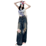 Women's Denim Pants Loose Folded Frayed Floor-Length Wide-Leg Trousers
