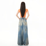Chain Print Denim Pants Women's Casual Hip-hop Style Loose Wide Leg Tapered Fit Pants