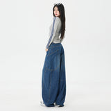 Women's Large Pocket Oversized Knife-Edge Jeans, Loose Baggy Patchwork Wide Leg Floor-Length Pants