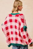 Pink Colorblock Checkered Open Front Knit Cardigan