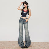 Women's Denim Blue Jeans Low Waist Slim Fit Versatile Straight Leg Wide Leg Floor Length Pants
