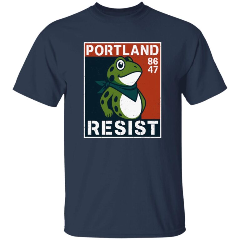 Navy blue t-shirt with a graphic of a frog and text 'Portland 86 47 Resist' on a white background