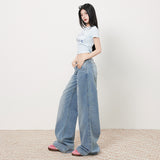 Women's Low-Waist Elastic Pattern Straight Jeans Summer Light Color Floor-Length Wide-Leg Pants