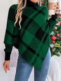 Women's autumn and winter Christmas fashion casual contrast color plaid high collar long sleeve cape sweater