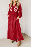 Racing Red Contrast Embroidered Detail Cinched Waist Tiered Long Sleeve Maxi Dress