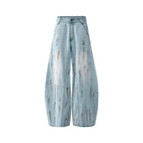 Dye-Effect Knife-Edge Denim Pants Mid-Waist Patchwork Wide-Leg Floor-Length Pants
