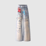 Graffiti Heart Bear Chain Curved Knife Pants High Street Loose Wide Leg Jeans for Women