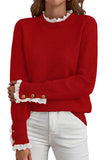 Sleet Lace Trim Patchwork Buttoned Cuffs Loose Sweater