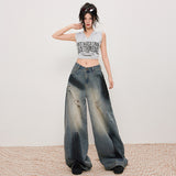 Women's Distressed Slash Denim Pants Spray Painted Vintage Loose Wide Leg Trousers