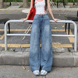 Women's Wide-Leg Floor-Length Denim Pants Washed Slim Straight Leg Trousers