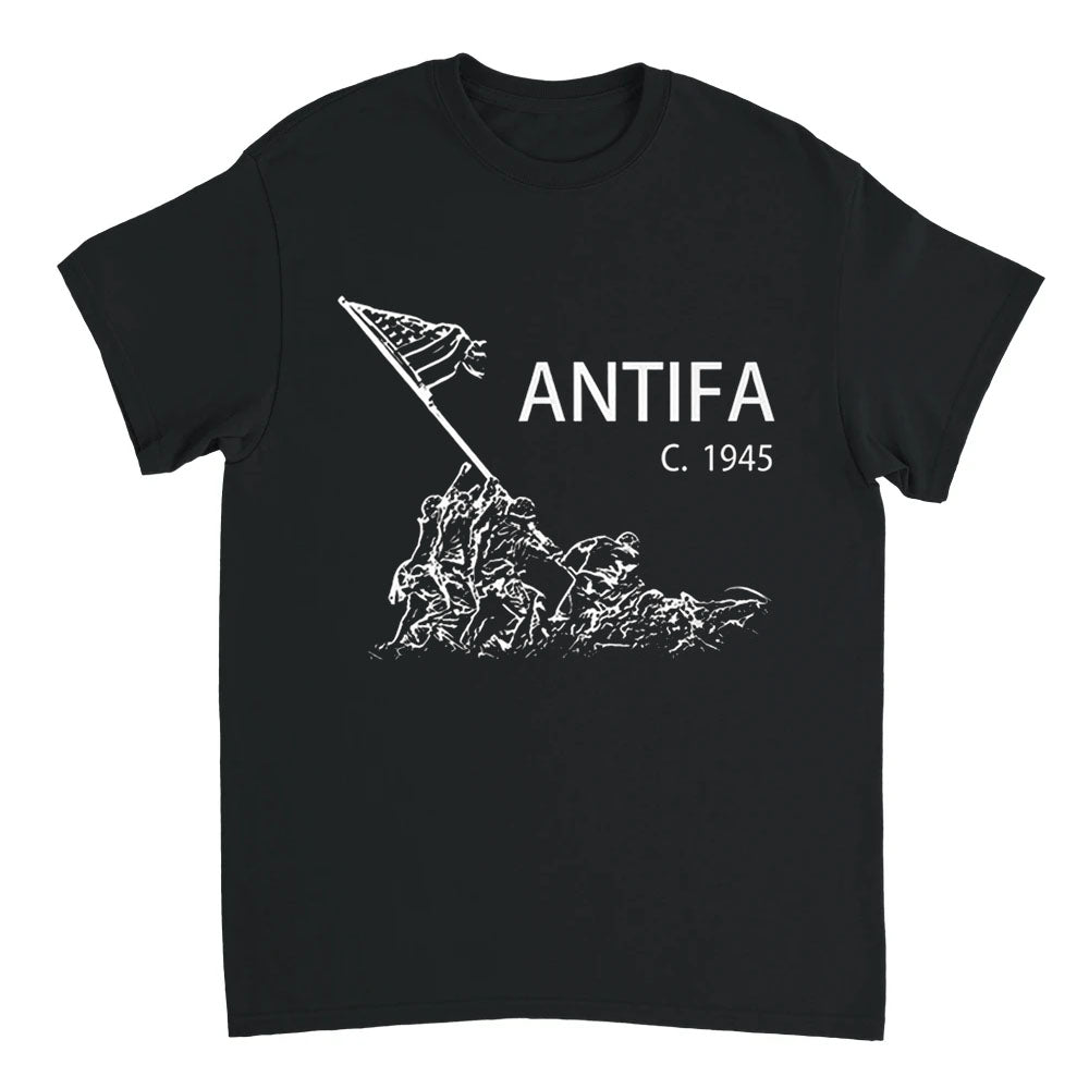 Black t-shirt with white graphic and 'ANTIFA C. 1945' text on a white background