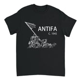 Black t-shirt with white graphic and 'ANTIFA C. 1945' text on a white background