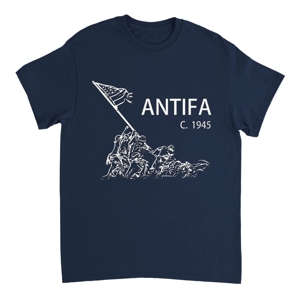 Navy blue t-shirt with white graphic and 'ANTIFA C. 1945' text on a white background
