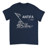 Navy blue t-shirt with white graphic and 'ANTIFA C. 1945' text on a white background