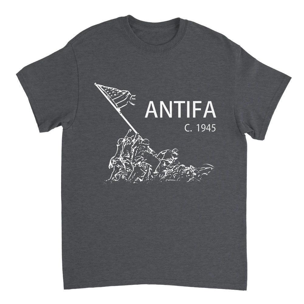 Dark gray t-shirt with white graphic and 'ANTIFA C. 1945' text on a white background