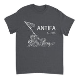 Dark gray t-shirt with white graphic and 'ANTIFA C. 1945' text on a white background