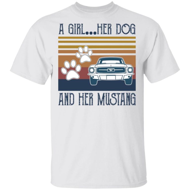 White t-shirt with graphic design of a car, paw prints, and text on a white background