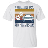 White t-shirt with graphic design of a car, paw prints, and text on a white background