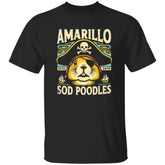 Black t-shirt with Amarillo Sod Poodles graphic design on a white background