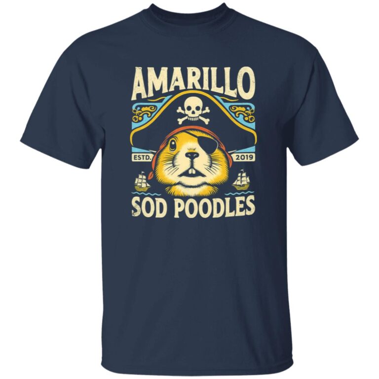 Navy blue t-shirt with a pirate-themed graphic and 'Amarillo Sod Poodles' text on a white background