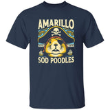 Navy blue t-shirt with a pirate-themed graphic and 'Amarillo Sod Poodles' text on a white background