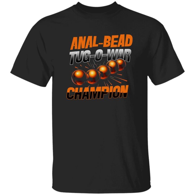 Black t-shirt with orange and white text and graphics on a white background