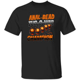 Black t-shirt with orange and white text and graphics on a white background
