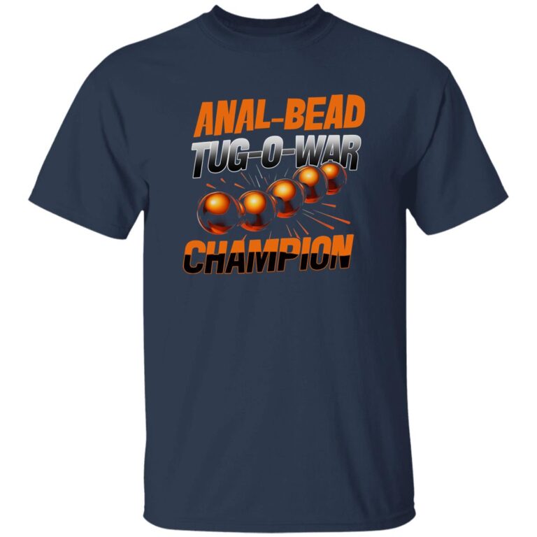 Navy blue t-shirt with 'Anal-Bead Tug-O-War Champion' text and graphic on a white background