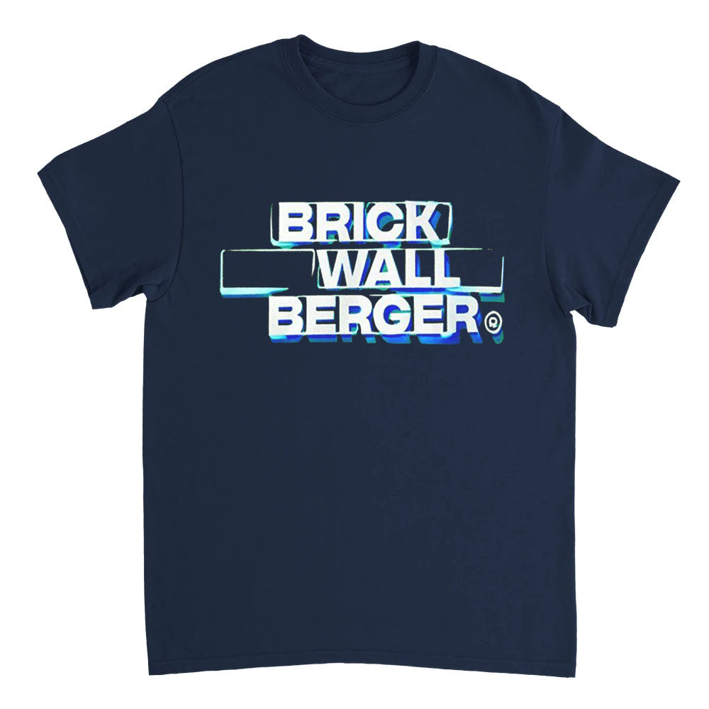 Navy blue t-shirt with 'BRICK WALL BERGER' text design on a white background