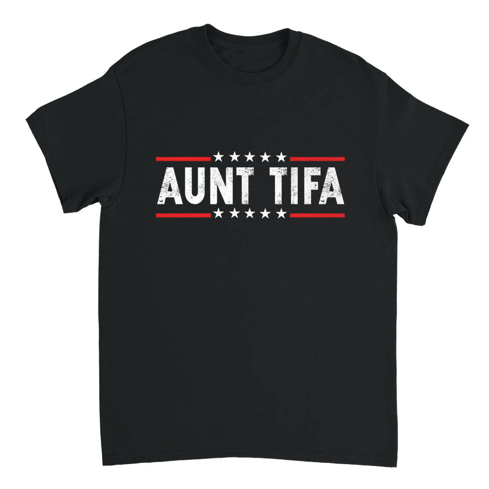 Black t-shirt with 'Aunt TIFA' text on a white background
