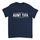 Navy blue t-shirt with 'Aunt TIFA' text on a white background