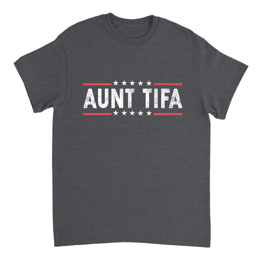 Dark gray t-shirt with 'Aunt TIFA' text on a white background