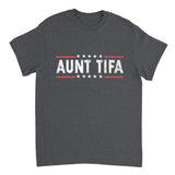 Dark gray t-shirt with 'Aunt TIFA' text on a white background