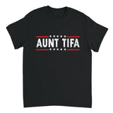 Black t-shirt with 'Aunt TIFA' text on a white background