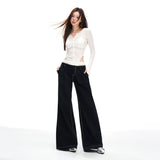 Casual Wide-Leg Pants for Women with Lace Trim Waistband Dark Blue Straight Leg, Low-Waist Floor-Length Style