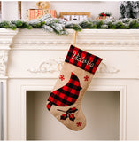 Christmas stockings decoration red and black checkered imitation linen cloth embroidered gift bag